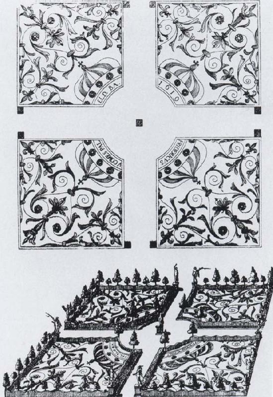 Salomon de Caus Plan and bird-s-eye view of the parterre de broderie at Heidelberg oil painting image